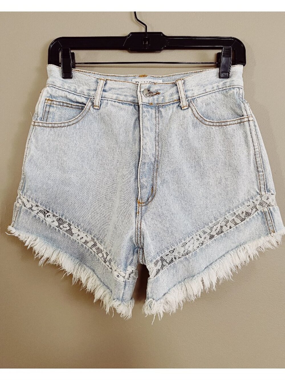 VTG 90s Danger Clothing Sz S Cutoff Lace Inset Light Wash Jean Shorts